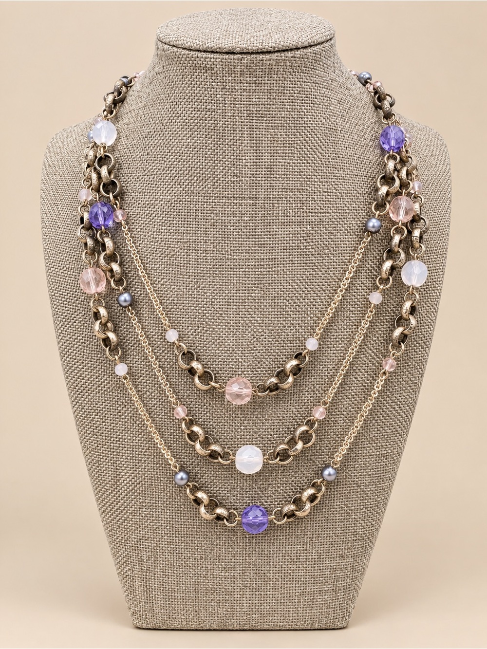 New York & Company Multi Strand Beaded Chain Necklace Purple Gray Silver Tone